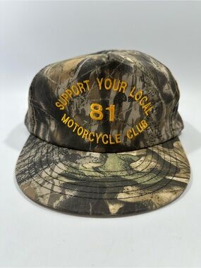 Vtg 80s 90s Support Your Local 81 Motorcycle Club Camo Hat Crown Mfg USA Made